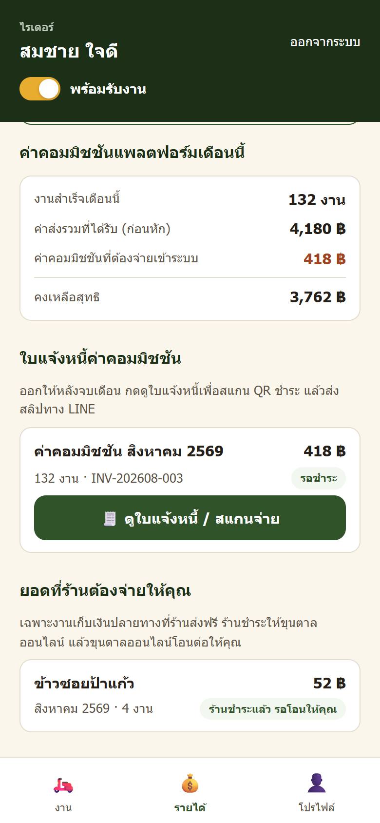 ค่าคอมมิชชันและใบแจ้งหนี้